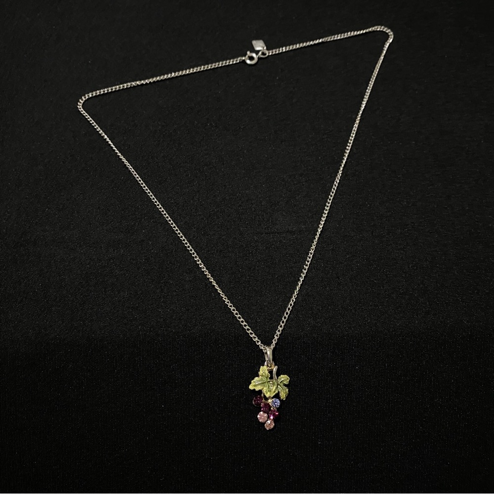 Vintage Sarah Cov Necklace with Green Leaf+Purple Gem Grape Cluster Pendant